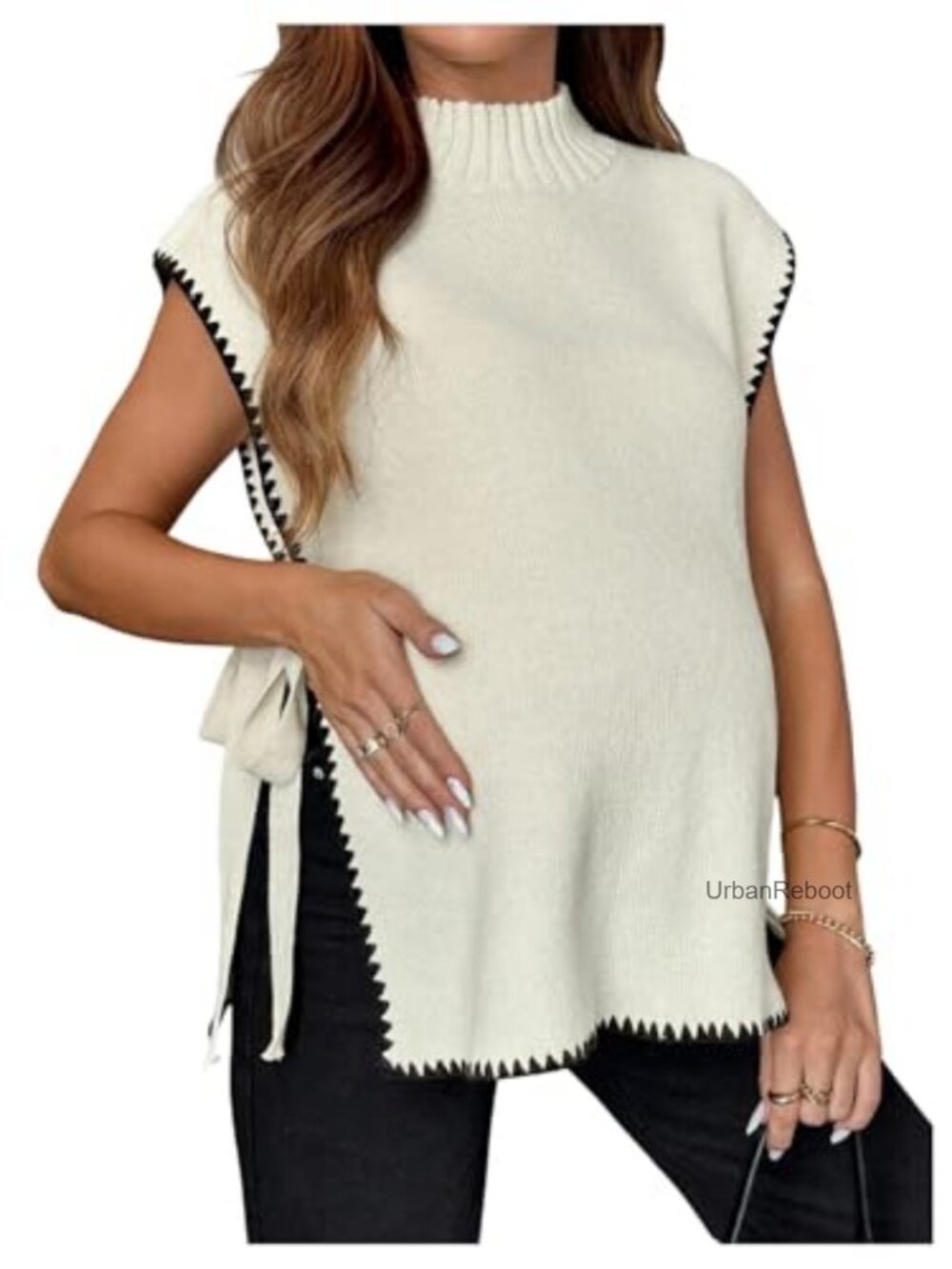Maternity Open Side Tie Knit Sweater Vest Mock Neck Sleeveless